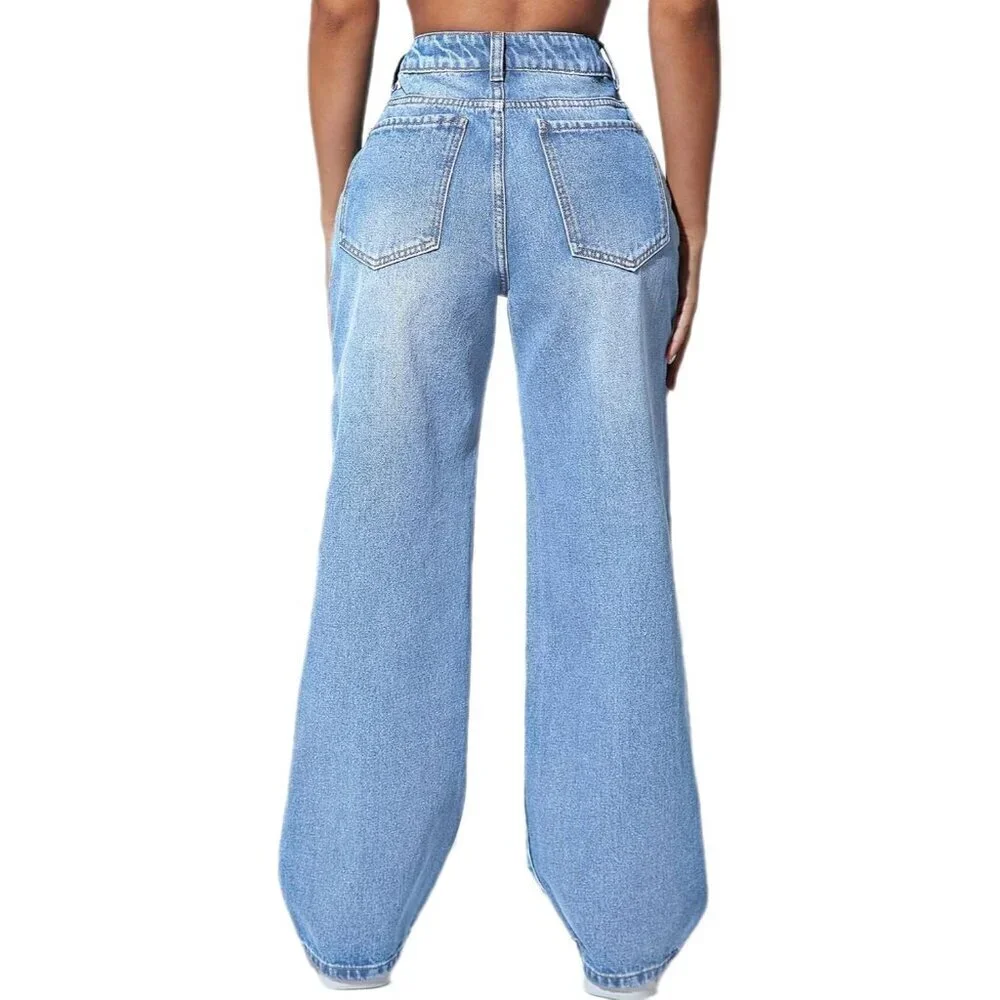Women’s High Waisted Straight Leg Stretch Denim Jeans Light Blue Large